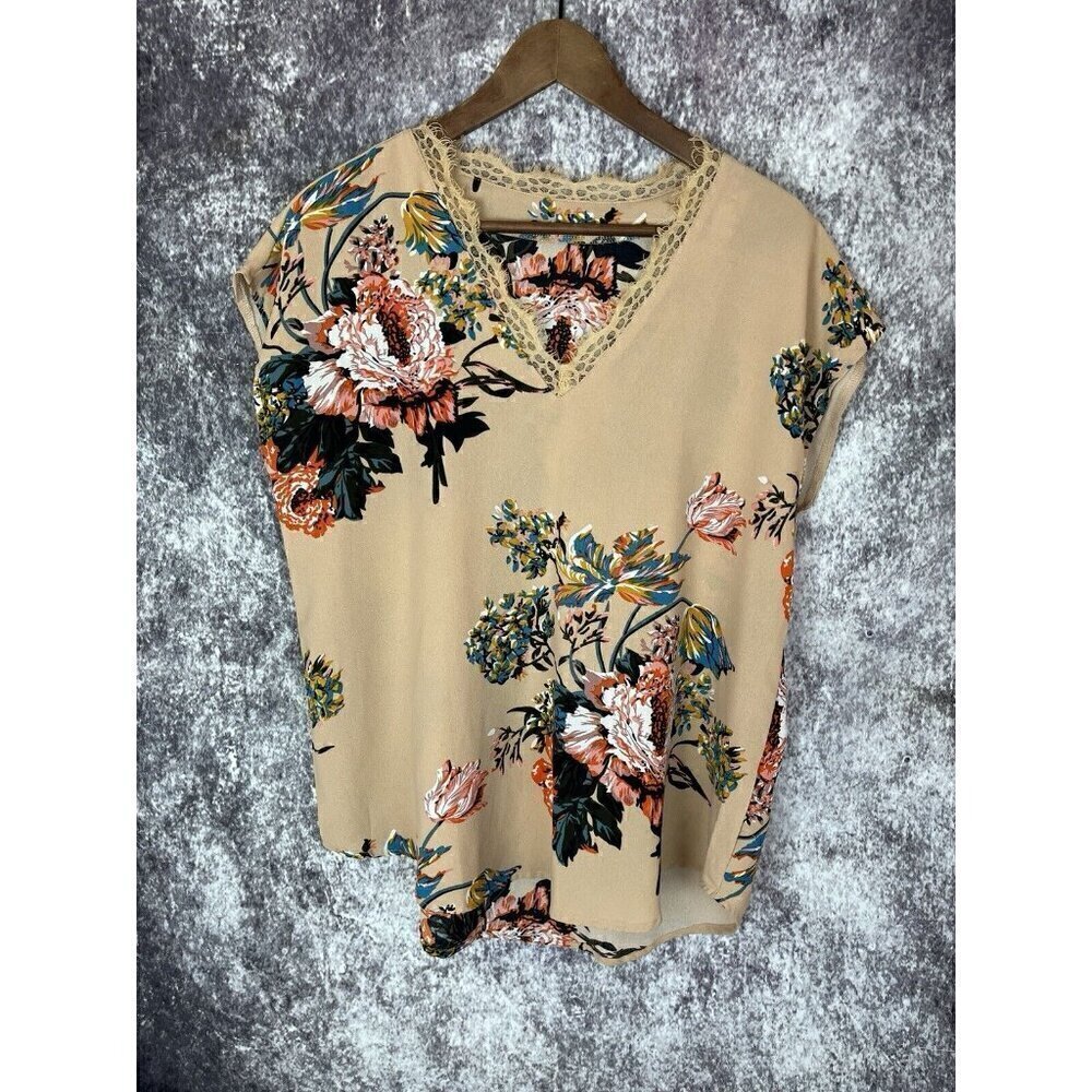 Shein Taupe‎ Tan Lace Floral Loose Blouse Top Pullover Short Sleeve Large